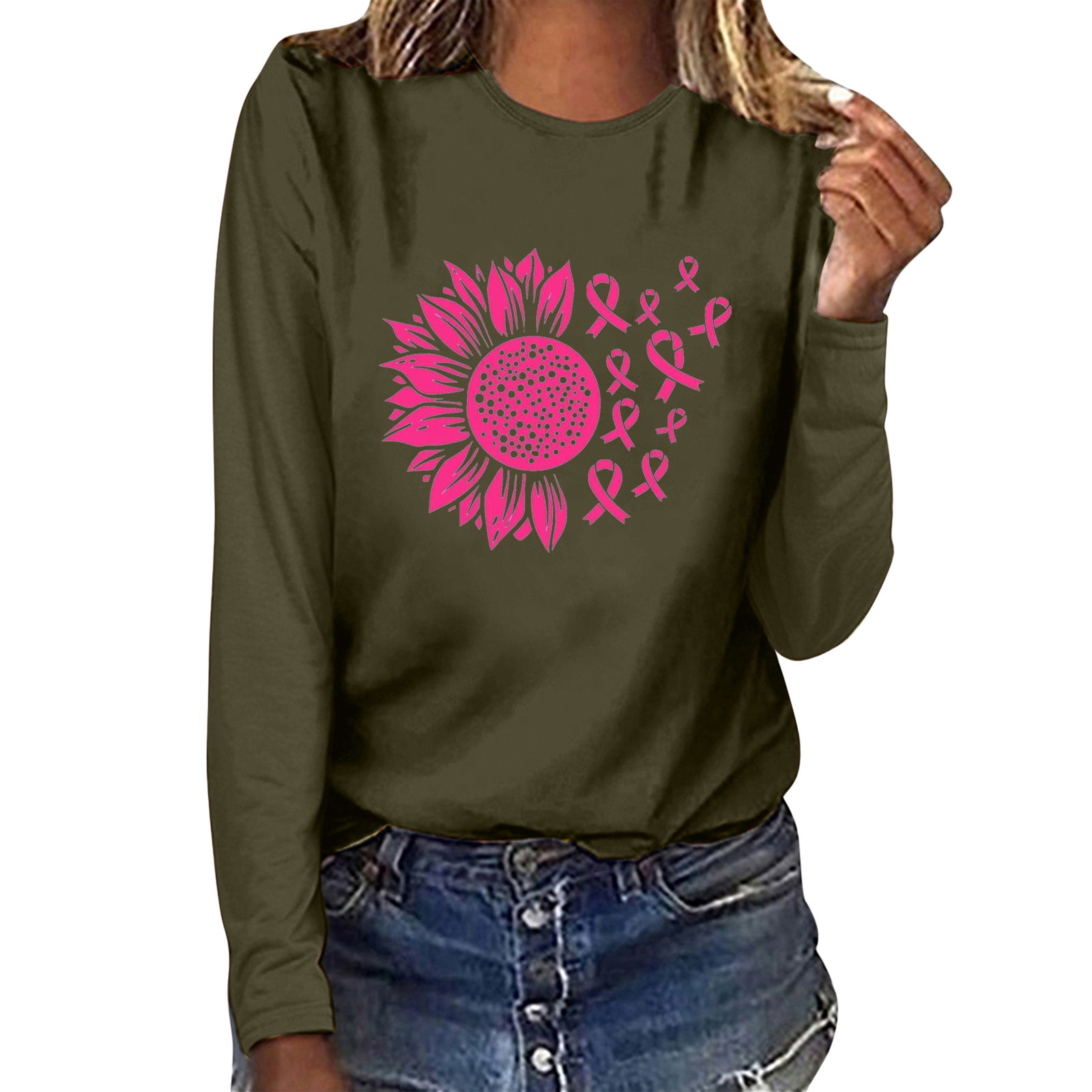 T-shirt Octobre Rose Femme - Manches Longues, Motif Ruban, Sensibilisation Cancer Du Sein
