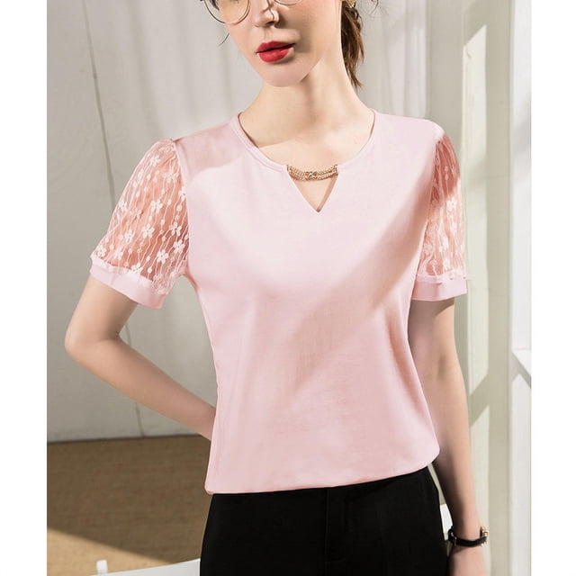 Hauts de Chemise à Manches Courtes V Col Montant et Manches Courtes pour Femmes