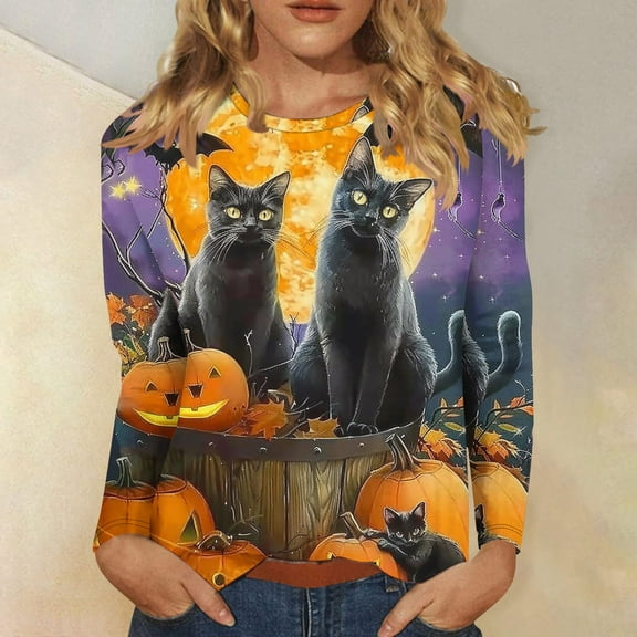 Jsaierl Halloween Shirts for Women Plus Size Pumpkin Ghost Print Tees Work Crewneck T-shirt Long Sleeve Dressy Casual Blouse Tops Halloween Gifts