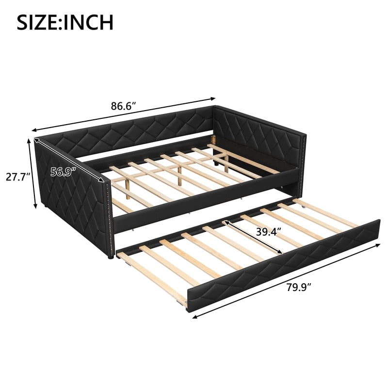 Full XL Size Faux Leather Upholstered Daybed with Twin Size Trundle, Low-Profile Sofa Bed Frame with LED Lighting Armrests