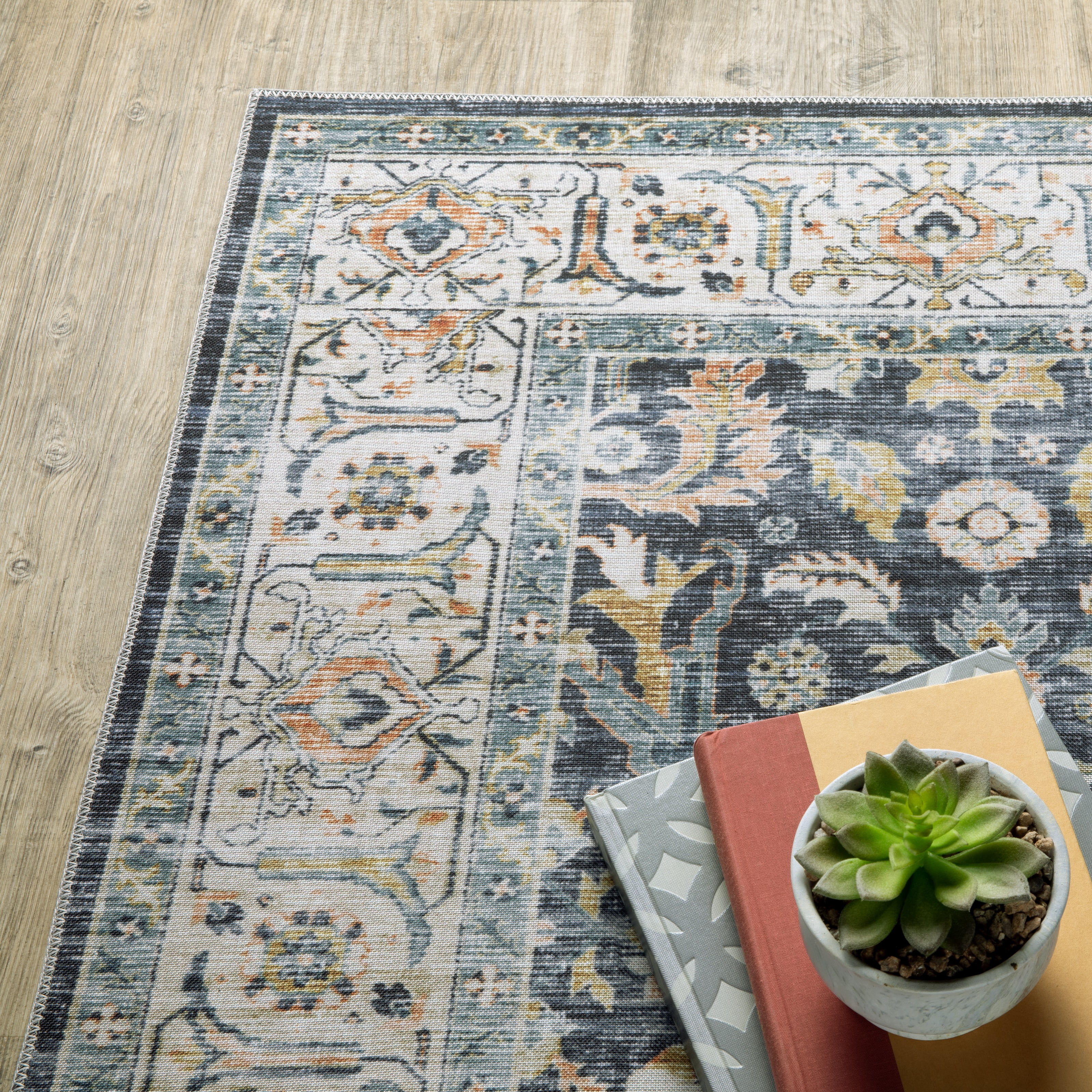 Avalon Home Celeste Washable Bordered Oriental Blue/ Gold Indoor Area Rug