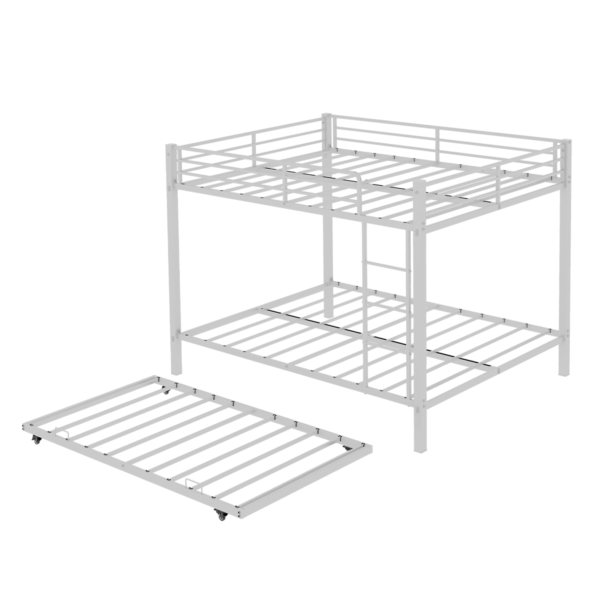 Full over Full Size Bunk Bed with Trundle, Heavy-Duty Metal Bunk Bedframe with Ladder and Full-Length Guardrails for Kids Teens Adults, No Box Spring Needed