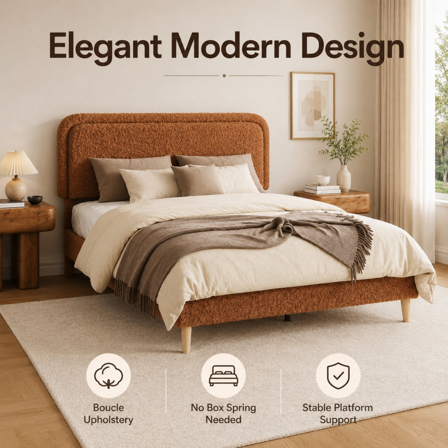Miniyam Full Size Boucle Upholstered Platform Bed Frame with Adjustable Headboard and Wood Slat Support, Brown