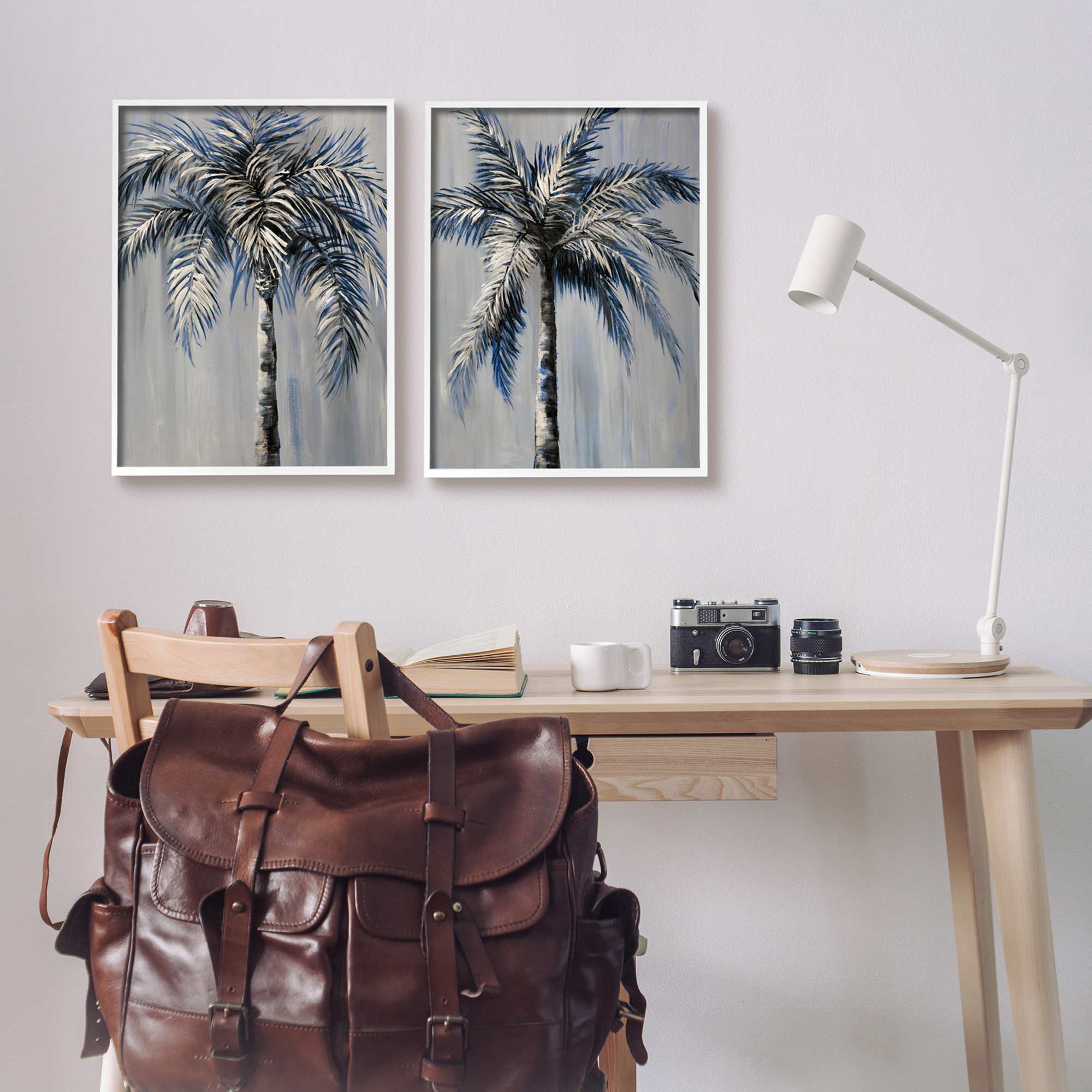Stupell Industries Grey Modern Palm Trees Botanical & Floral Painting White Framed Art Print Wall Art, 16 x 20, Set of 2