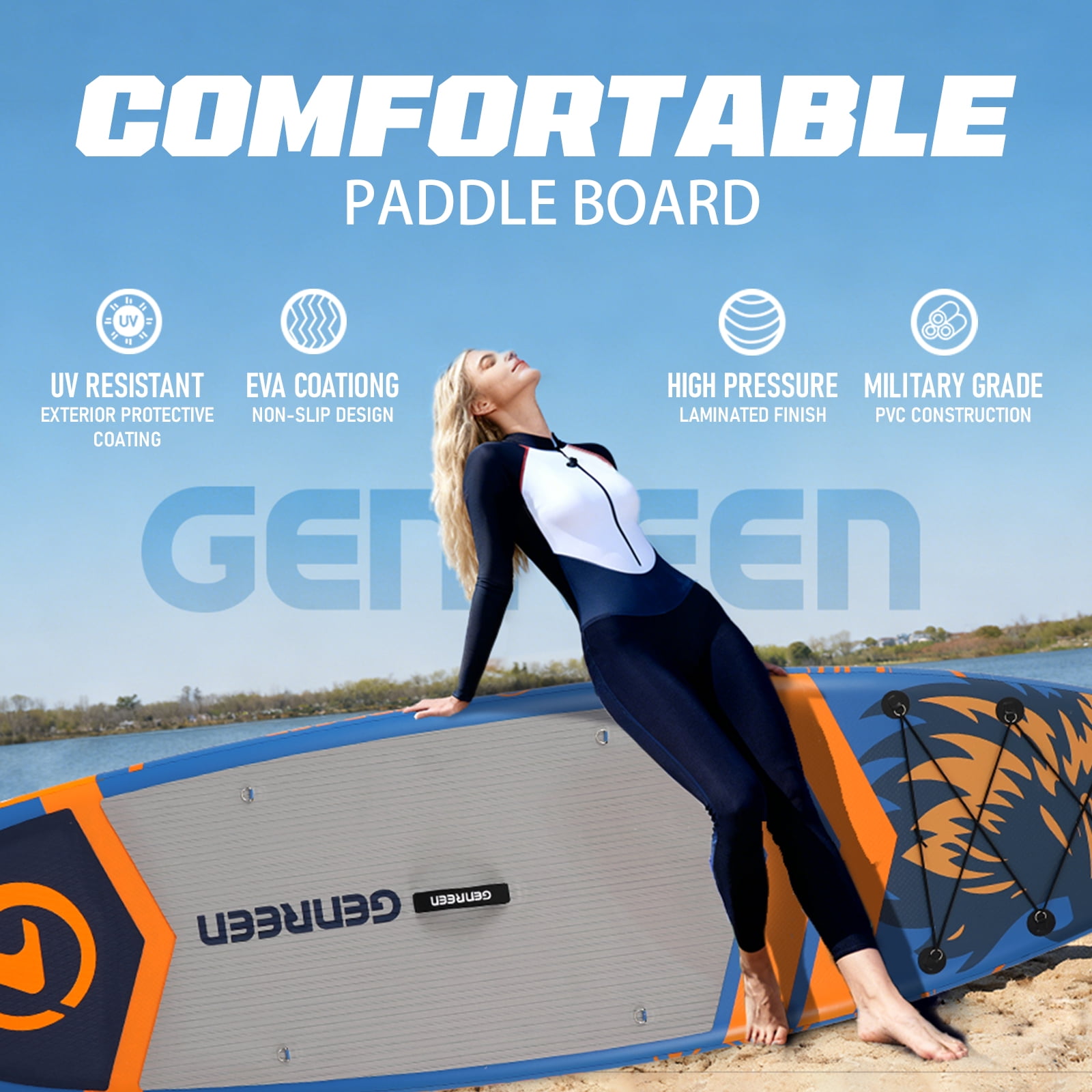 Genreen 11ft Stylish Inflatable Stand Up Paddle Board (SUP), Fishing Paddle Board with All Accessories for All Skill Levels