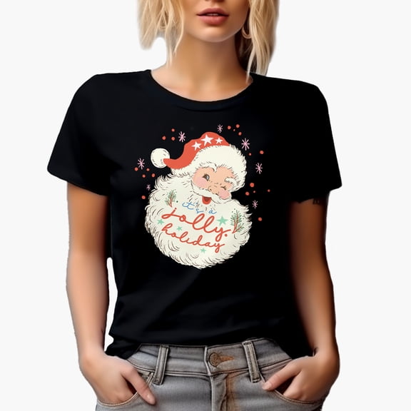 It's a Jolly Holiday, Santa's Wink Art Merch Gift, Black T-Shirt, Small