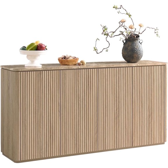 Sideboard Buffet Cabinet with Storage, Hvoonc 4 Doors 65'' Fluted Credenza Kitchen Cabinet Storage with Adjustable Shelves for Living Room, Entryway, Kitchen,  Natural Oak
