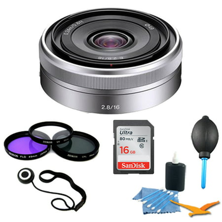 Sony SEL16F28 - 16mm f/2.8 Wide-Angle Lens for NEX Series Cameras Essentials Kit. Kit Includes Lens, Filter Kit, 16GB Ultra SDHC Memory Card, 3 Pcs. Lens Cleaning Kit, Lens Cap Keeper and Lens