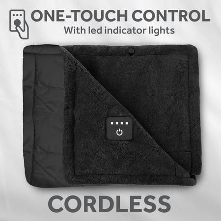 SUNBEAM ON-THE-GO CORDLESS HEATED THROW BLANKET WITH HOOD, BLACK NYLON/MICROPLUSH, 50X66