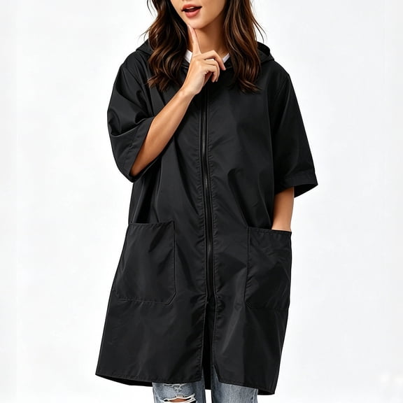 JOANKDMI Raincoats for Women with Hood Half Sleeve Lightweight Windbreaker Zip Up Long Rain Jacket with Pockets for Summer Commuting Travel Active Packable Outerwear