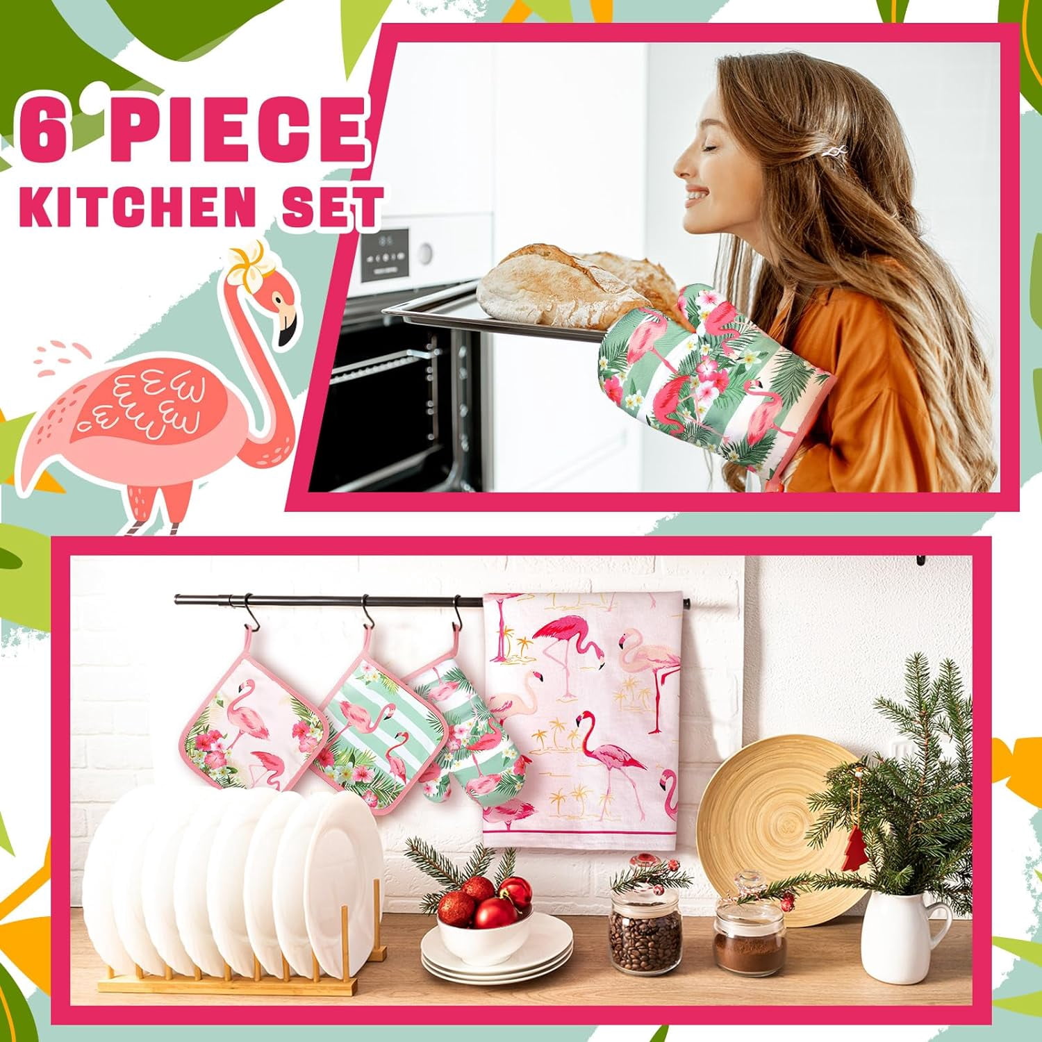 6 Pcs Flamingo Kitchen Towels Pot Holders and Oven Mitts Set Soft Cotton Linen Dish Towel Heat Resistant Oven Mitts for Summer Kitchen Decor Cooking Baking Grilling, Pink