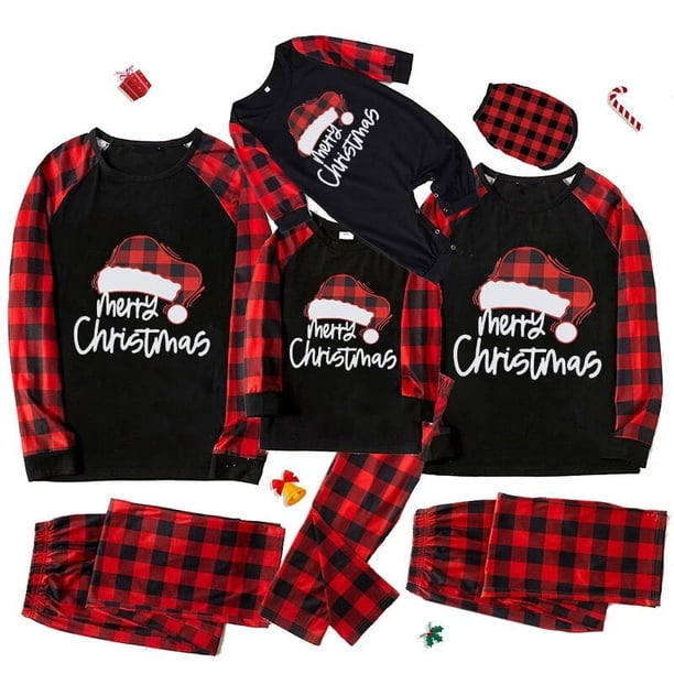Pijamas familiares a juego de Navidad, sombrero de Navidad a cuadros rojos, letras de Feliz Navidad, conjunto de pijamas negros con pijamas de bebé