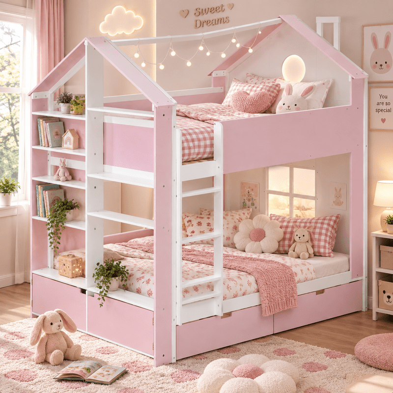 Full Over Full Bunk Bed with Storage Drawers and Shelves, Modern Two-Tone Wood Bunk Bed with LED Light Strip, Safety Guardrails and Ladder, Space-Saving Bed Frame for Kids, Teens