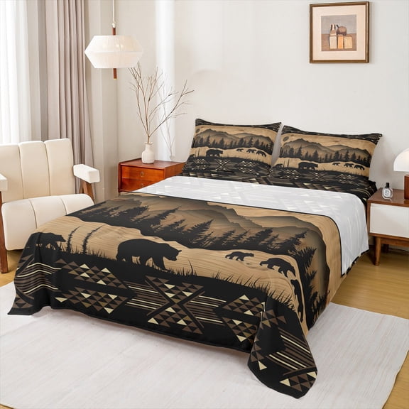 Castle Fairy Teens Animal Bear 3pcs Twin Sheet Sets,Tribal Aztec Twin Fitted Sheet,Lodge Cabin Breathable Flat Sheet,Luxury Bedroom Decor