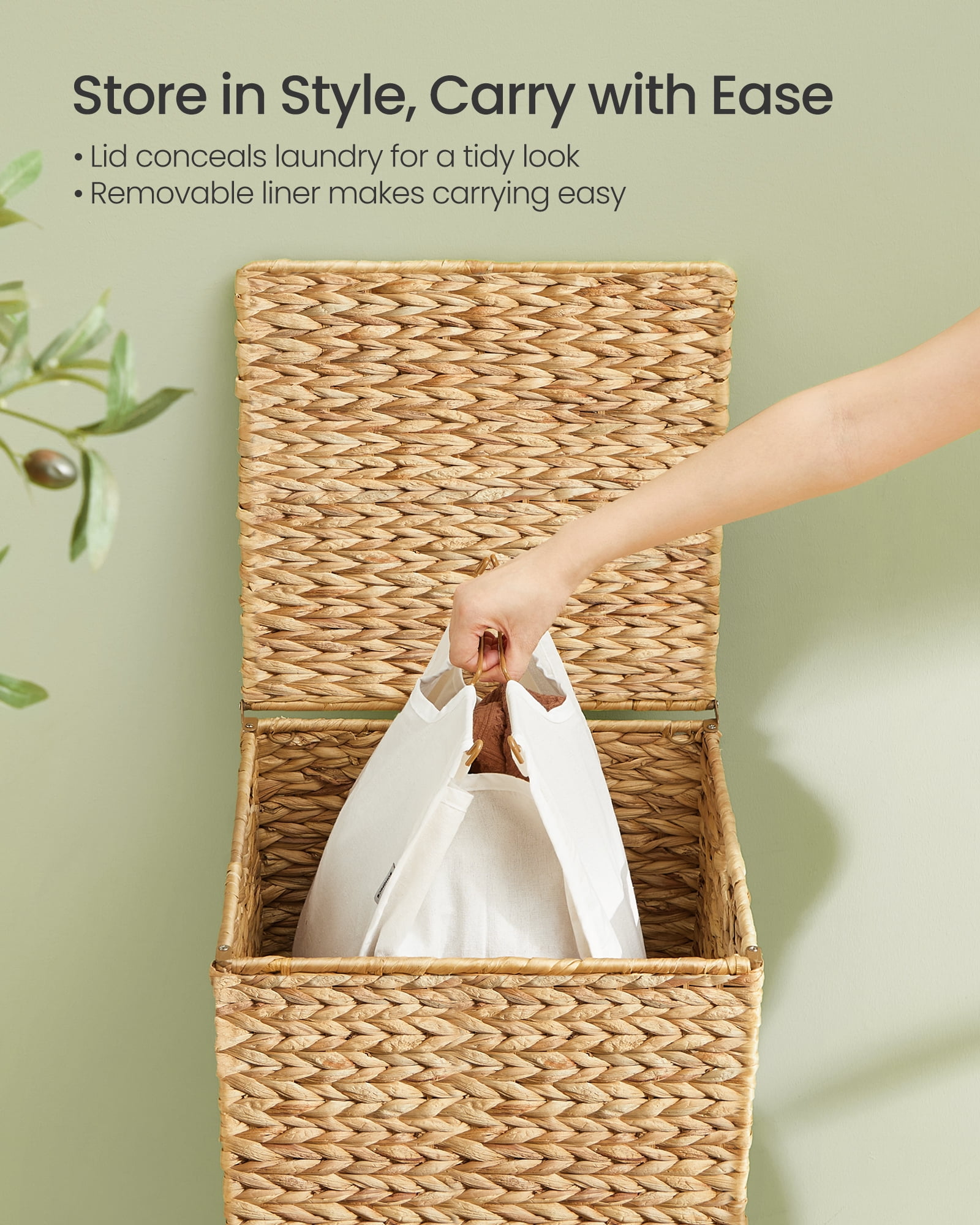 25-Gallon Handwoven Laundry Hamper with Lid and Washable Liner, Natural Water Hyacinth Basket with Wooden Feet, Steel Frame