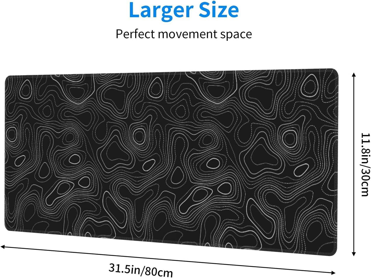 Topographic Mouse Pad Large Gaming XL Black and White Geographic Map Lines Contour Desk Mat Extend Long Mousepad for Computer Laptop Office Non-Slip Rubber Stitched Edges 31.5 x 11.8 Inch