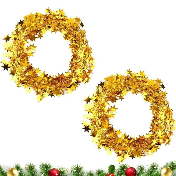 Tutuviw 2 Rolls Star Tinsel Garlands for Christmas 49FT Star Wire Tinsel Garlands with Wire Glitter Xmas Tree Hanging Decorations Small Star Christmas Metallic Garland for Party Tree Wall Rail,Gold