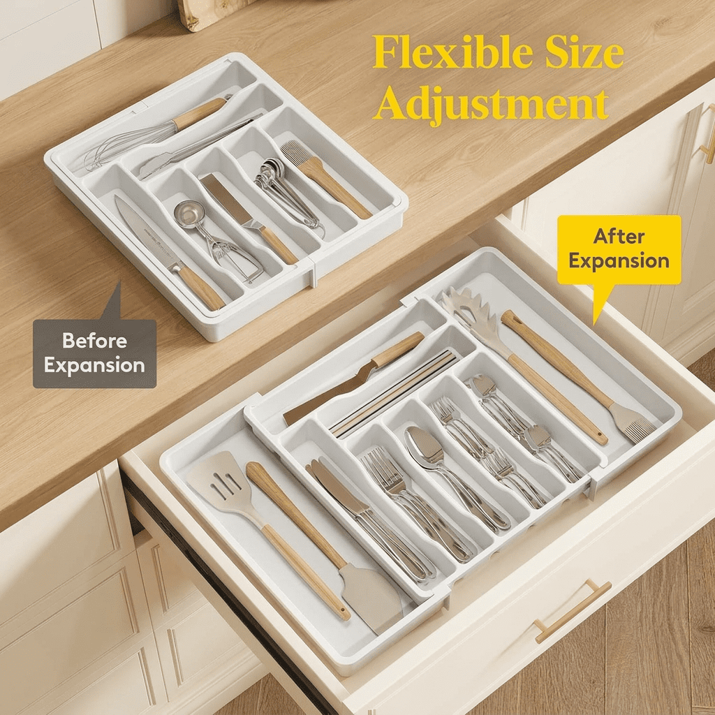 Norcho Expandable Utensil Organizer Drawer, Adjustable Cooking Silverware Tray, Plastic Spatula Tools Divider 13-22.4"x15" White