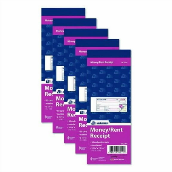 Money/Rent Receipt Book, Two-Part Carbonless, 6.69 x 2.75, 50 Receipts/Book, 5 Books/Pack | Bundle of 2