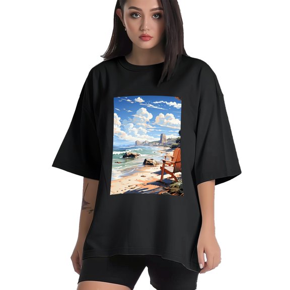 Plus Size Shirt for Women Black Tops for Women Short Sleeves Shirt for Women Seaside (36) T Shirt Crewneck Shirt for Women XS