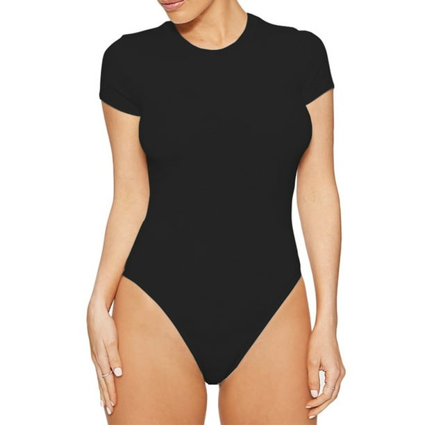 MAWCLOS Women T Shirt Bodysuit Crew Neck Jumpsuit Short Sleeve Tops Tight  Beach Solid Color Bodysuits Black S