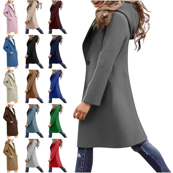 QIUOMBBP Womens Hooded Wool Coats Casual Button Up Slim Overcoat Solid Color Mid Length Fashion Fall Winter Jackets Peacoat Outerwear, Light Blue, XL