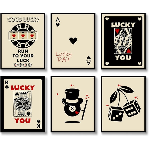 Poker Wall Art Set of 6 Trendy Retro Ace Queen Lucky Minimalist Wall Decor Funky Playing Card Canvas Fashion Aesthetic Poster for Bedroom Living Room Gallery Bar Style A 8x10 UNFRAMED