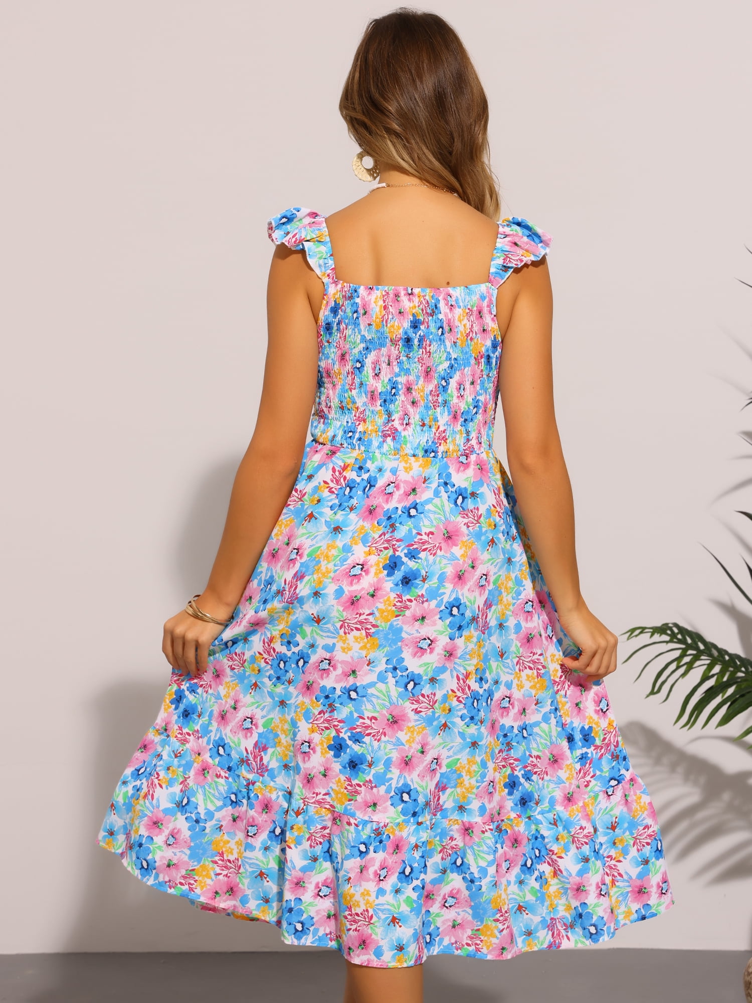 DARING DIVA Smocked Sleeveless Ruffle Neck Flowy Floral Midi Dress XS Blue Pink