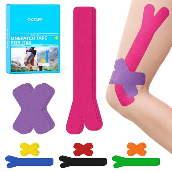 OK TAPE Precut Kinesiology Tape for Knee, Thigh, IT Band Pain Relief, 20 Strips, Provide Support & Stability, Elastic Athletic Tape, Waterproof Knee Tape for Running (Pink & Purple)