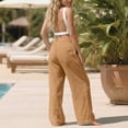thumbnail image 6 of Women's Wide Leg Pants, Linen Pants, Summer Casual, Khaki Palazzo, Lightweight Loose Pants with Pocket and Drawcord Yellow M, 6 of 9