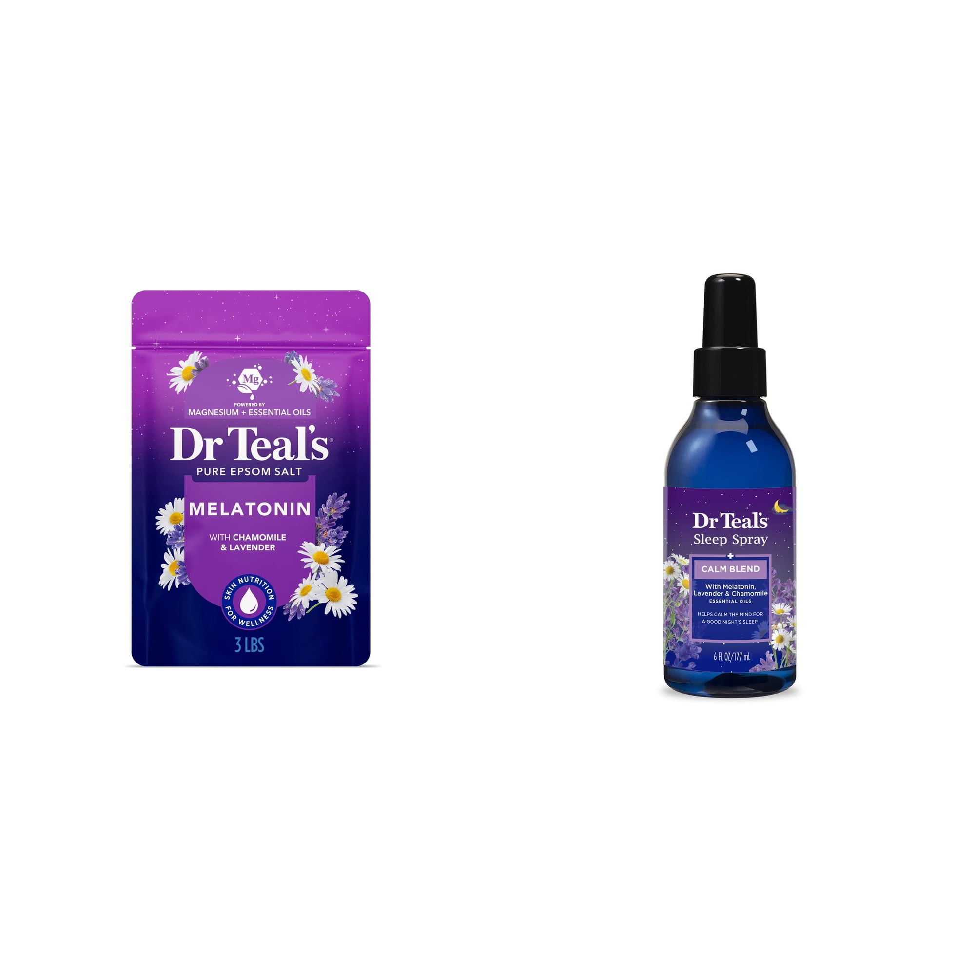 Dr Teal's Epsom Salt Magnesium Soak, Sleep Blend with Melatonin, Lavender & Chamomile, 3 lbs & Dr Teal's Sleep Spray with Melatonin, Lavender & Chamomile Essential Oils Bundle