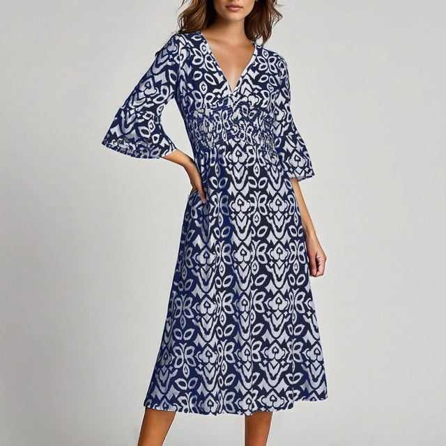 Pisexur Robes Femmes Belle Robe d'Été pour Femmes, Mode Femmes Été Décontractée Col en V Manches Courtes Imprimé Longue Robe Bleu Marine, m