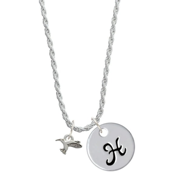Delight Jewelry Silvertone Mini Hummingbird Silvertone Script Initial Disc - H - Charm Necklace, 20"+3"
