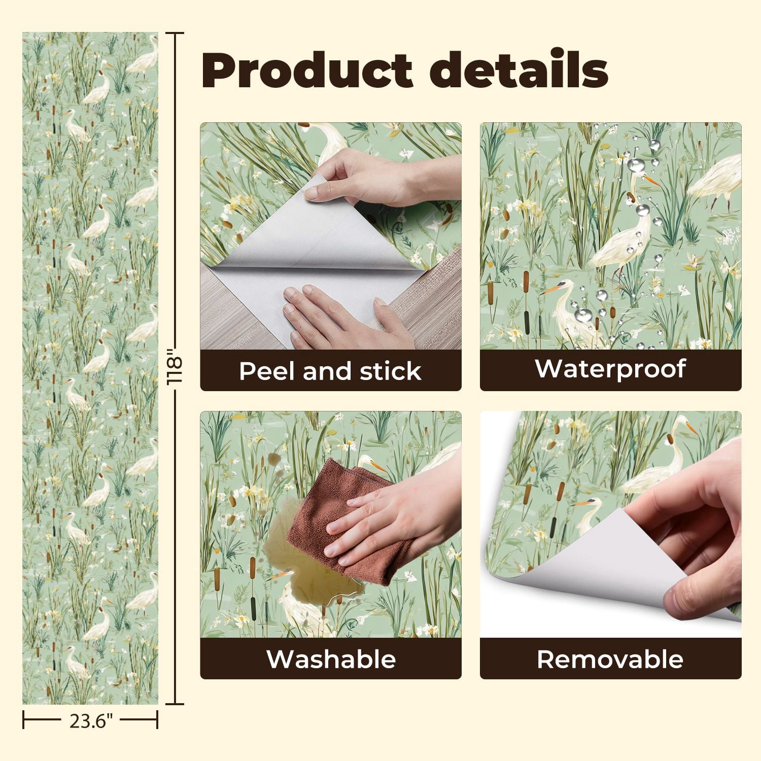 Vintage Peel and Stick Wallpaper Herons Marshland Cattails Wildflowers Green Wall Mural 23.6in x 9.8ft Self Adhesive Removable Wall Paper Renter Friendly Wallpaper for Nursery Bedroom Cabinets