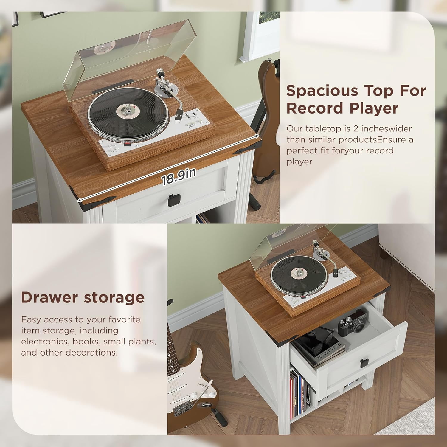 VEANERWOOD Nightstand with Drawers and Charging Station, Farmhouse Vinyl Record Storage Cabinet End Table for Bedroom Living Room