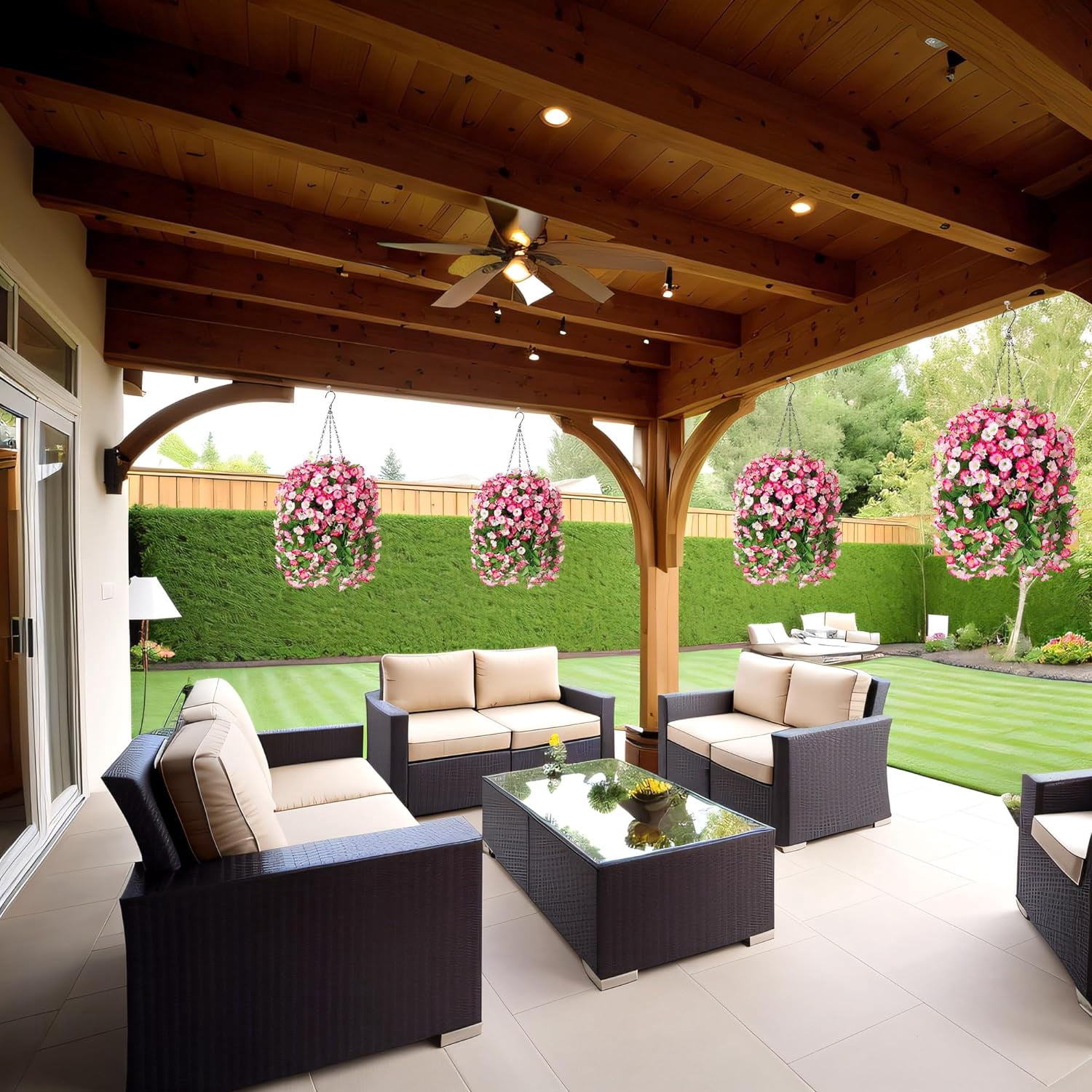 Hanging Baskets with Artificial Flowers for Plants Outdoor Indoor, Faux Silk Morning Glory Vines, Faux Green Plant Arrangement for Garden Patio Decoration(Darkorchid)