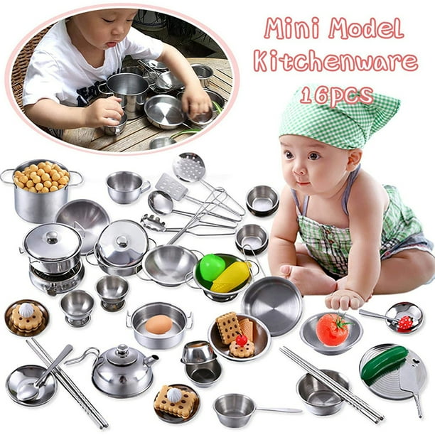 Juego de cocina de 16 piezas para niños, juego de ollas y sartenes de acero inoxidable, herramienta de cocina, juguete para regalo de niños