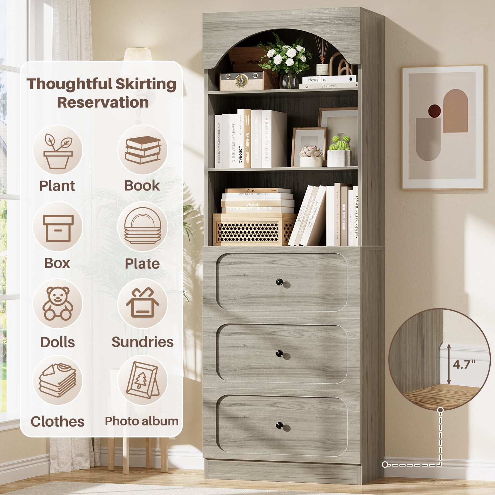 Homieasy 80" Tall Arched Bookcase with 3 Drawers & 3 Open Shelves - Wooden Storage Cabinet for Living Room, Kitchen, Office,White Oak