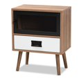 thumbnail image 1 of Baxton Studio Hubbard Mid-Century Moderna mesa auxiliar de 1 cajón de madera con acabado marrón natural y blanco en dos tonos y metal negro Baxton Studio 1.93271E11, 1 of 2