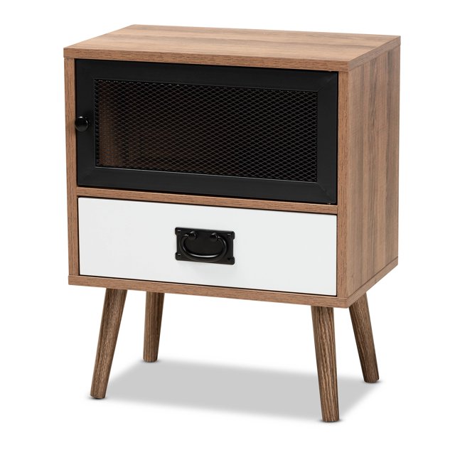 Baxton Studio Hubbard Mid-Century Moderna mesa auxiliar de 1 cajón de madera con acabado marrón natural y blanco en dos tonos y metal negro Baxton Studio 1.93271E11