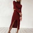 thumbnail image 4 of Baqcunre Women's Long Sleeve High Neck Solid Knitted Sweater High Waist Front Split Dress Set Cocktail Dress Womens Dresses Bodycon Dresses for Women Long Sleeve Dress for Women,Red,Size XXL, 4 of 6
