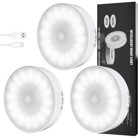 Electlight 3-Pack Motion Sensor Night Light, 14 Leds Rechargeable 3-Mode, Cool White for Bedroom Closet Stairway Hallway