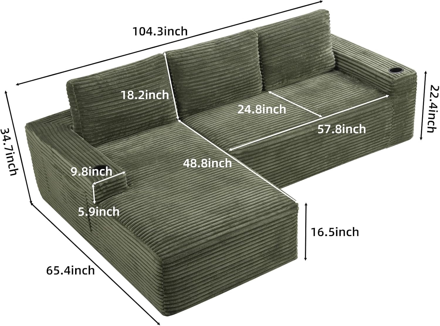 104" Cloud Modular Sectional Sofa, Corduroy Boneless L-Shape Chaise Couch with Deep Seat for Living Room Bedroom, No Assembly Required