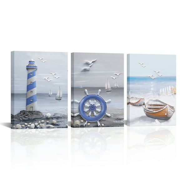 Lighthouse Painting Boat on Beach Canvas Print Set of 3 Navy Blue Anchor Bathroom Decor Modern Nautical Theme Home Decorations