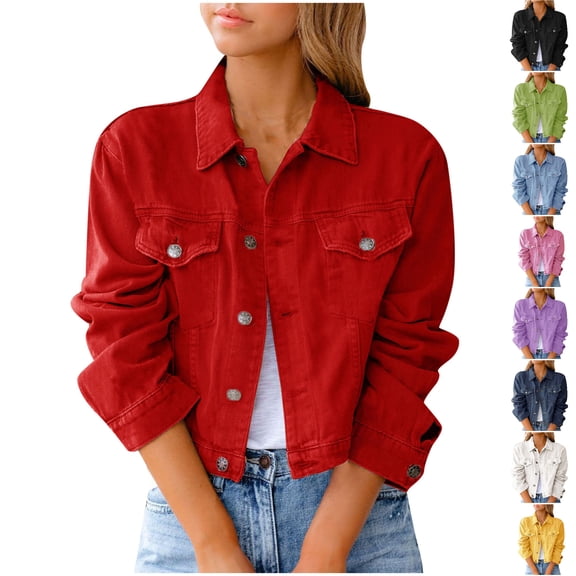 Dezsed Women's Basic Button Stretch Fitted Denim Jean Jacket Women Solid Denim Jacket Long Sleeve Slimming Cardigan Suit Pocket Coat Top Red L