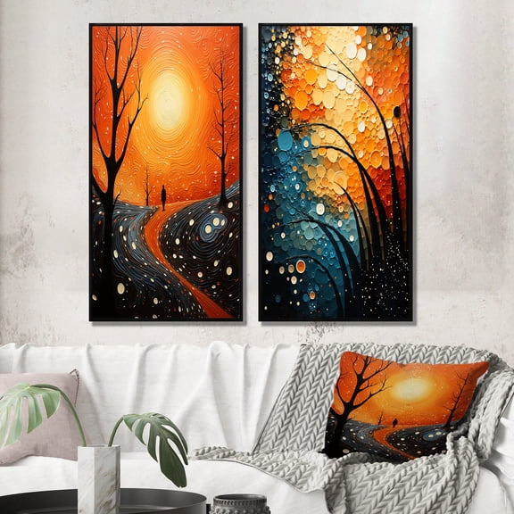 Designart "Orange Tree Aerial Dance painting" Trees Framed Wall Art Set Of 2 - Orange Landscapes Frame Gallery Set For Office Decor