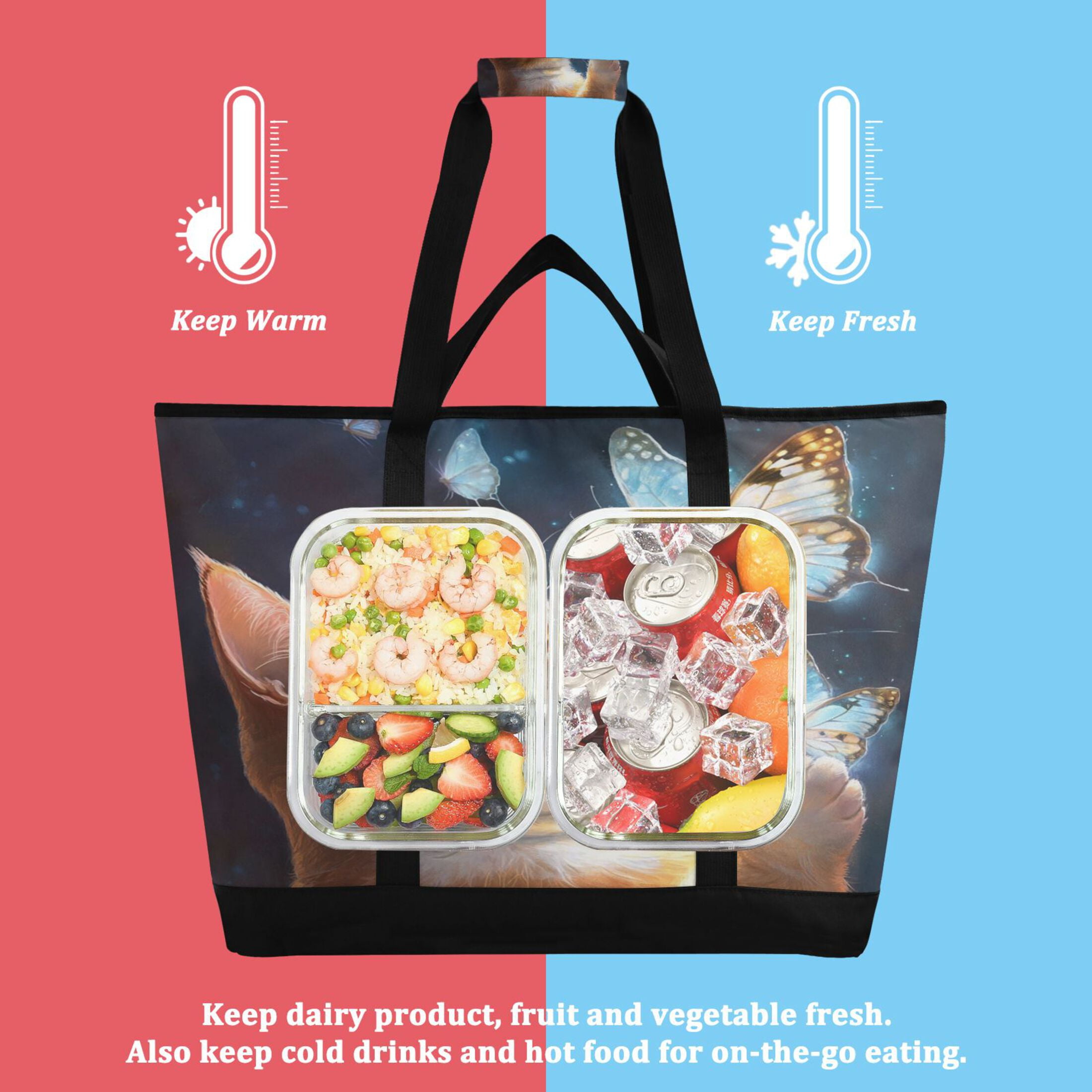 Large Hand-held Ice Pack Picnic Bag Insulation and Refrigeration Suitable for Shopping Picnics and Camping The Cat and The Butterfly