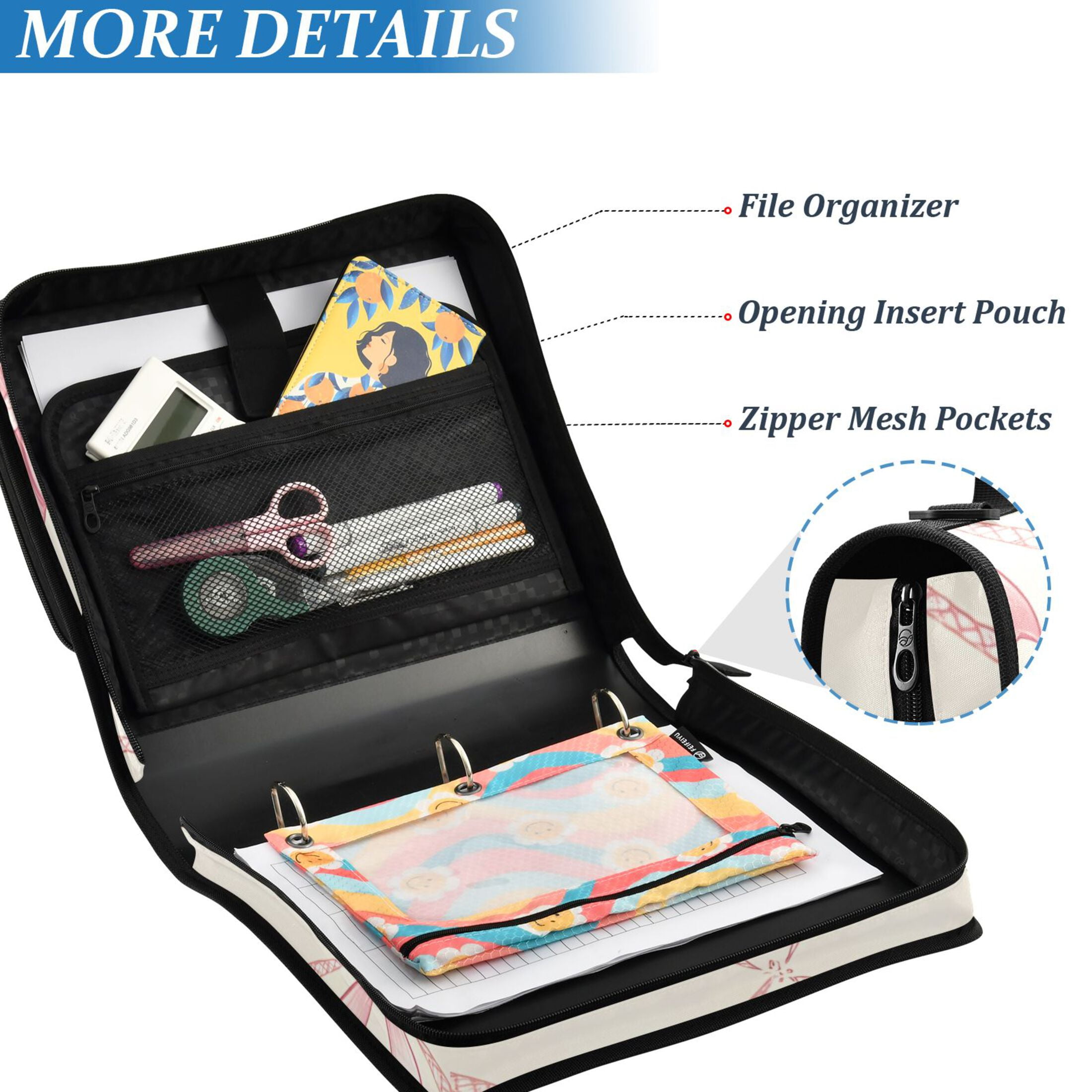 ALAZA Zipper Binder Bows Checkered 1.5 inch 3 Ring 500 Sheet Capacity Trapper Keeper File Folder School Organizer