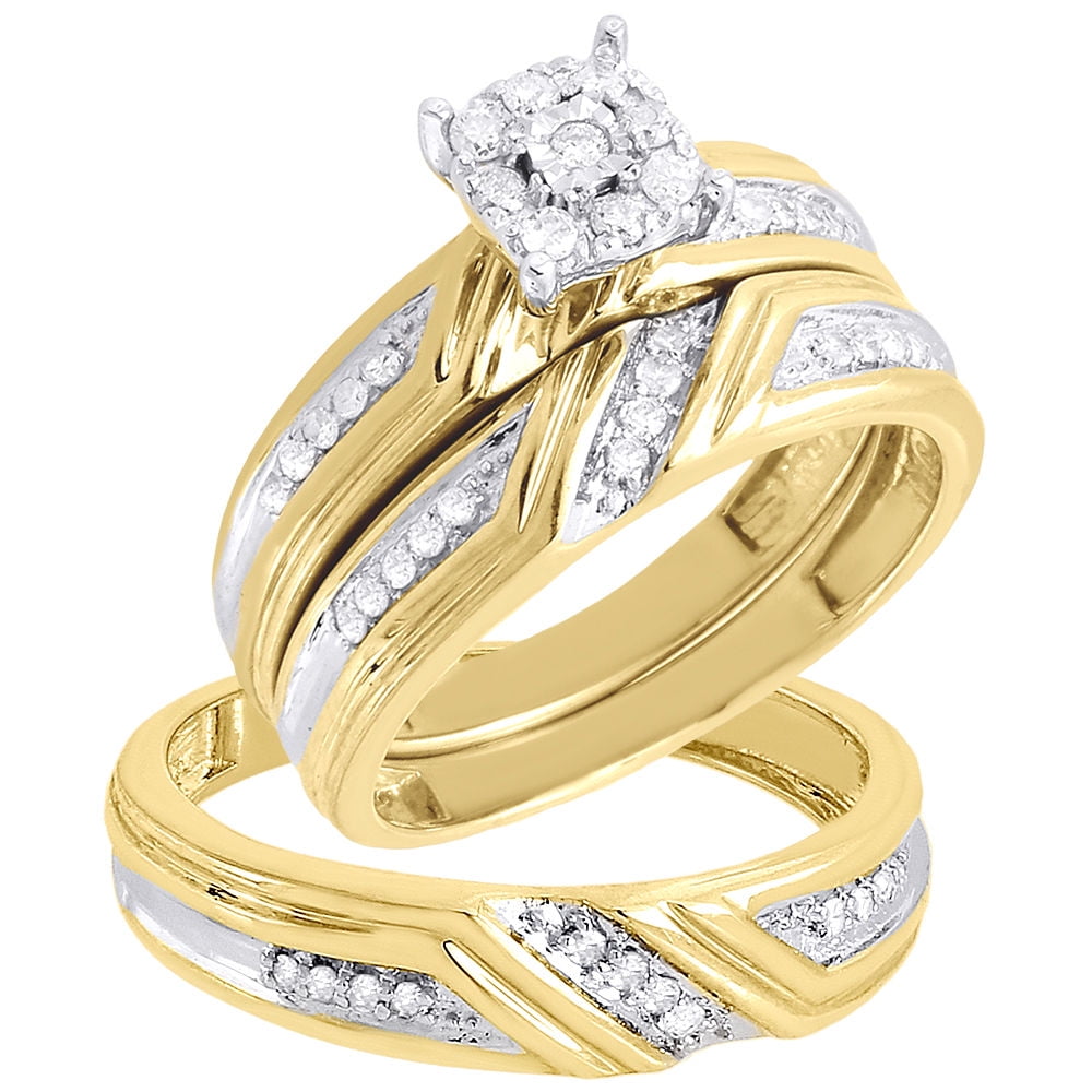 Diamond Trio Set 10k Yellow Gold Engagement Ring Matching Wedding Band ...