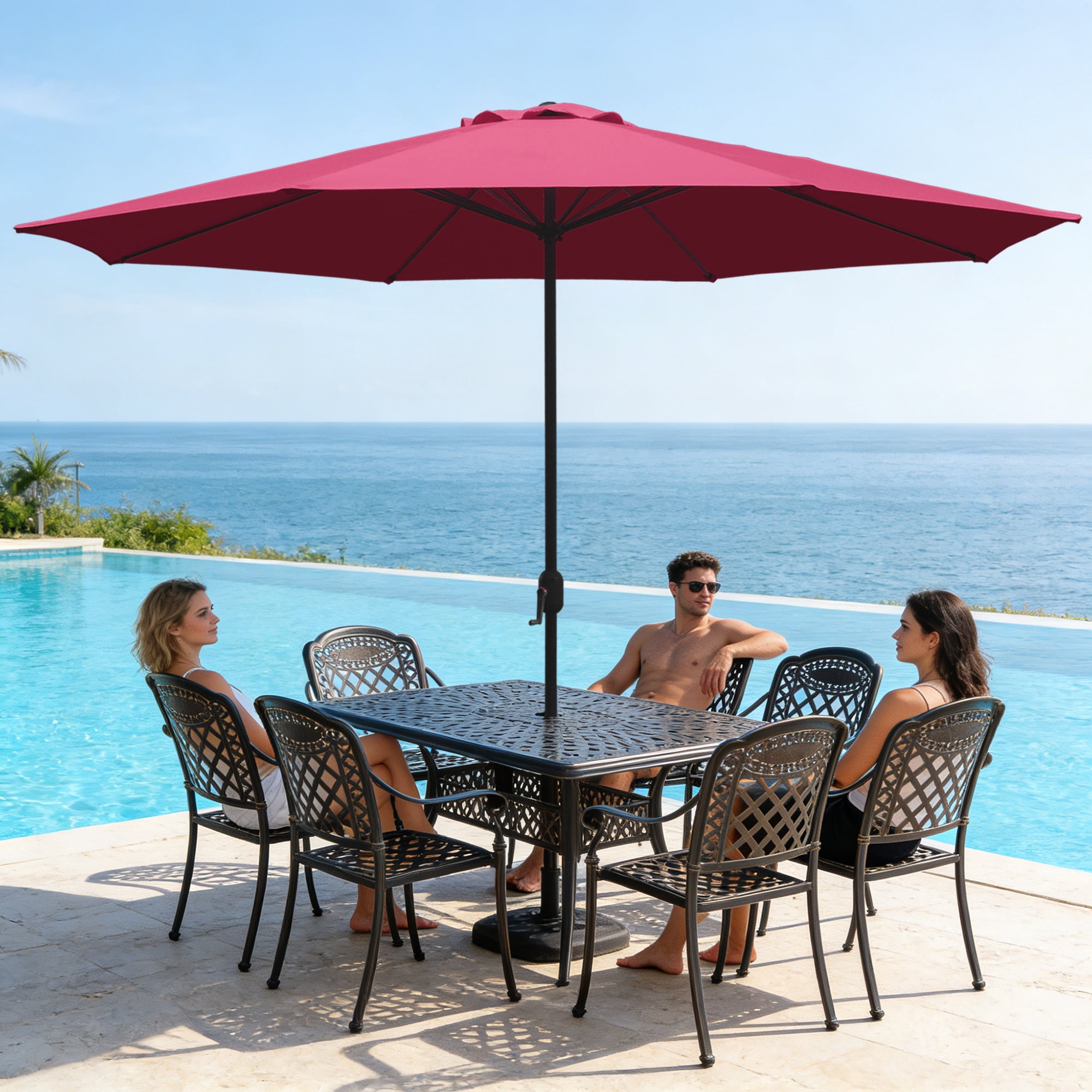 Abble 11FT Outdoor Patio Umbrella with Crank Handle, Market Umbrella with 8 Sturdy Umbrella Ribs, Waterproof for Garden Deck Backyard Pool, Burgundy